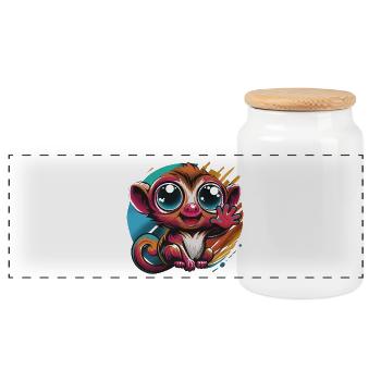 Kunterbunter Chibi Affe - Panorama Keksdose mit Holzdeckel - Weiß - Vorne