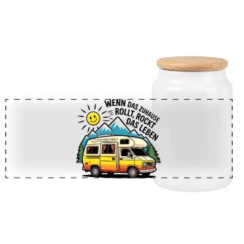Wohnmobil Spruch – Das Leben rockt Camping Humor - Panorama Keksdose mit Holzdeckel - Weiß - Vorne