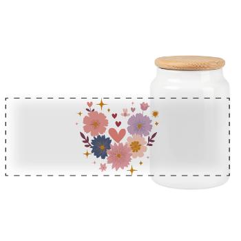 Pastel Flowers Heart Circle - Panoramic Cookie Jar with Wooden Lid - white - Front