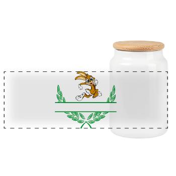 Rabbit Laurel Wreath with Namespace - Panoramic Cookie Jar with Wooden Lid - white - Front
