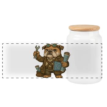 Engineer Bulldog with Wrench and Blueprints - Panoramic Cookie Jar with Wooden Lid - white - Front