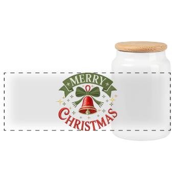 Merry Christmas Bell with Green Ribbon - Panoramic Cookie Jar with Wooden Lid - white - Front