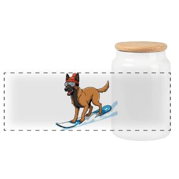 Snowboard Hund mit Muetze und Skibrille - Panorama Keksdose mit Holzdeckel - Weiß - Vorne