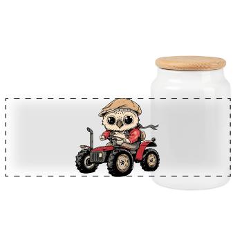 Owl Tractor Farmer - Panoramic Cookie Jar with Wooden Lid - white - Front