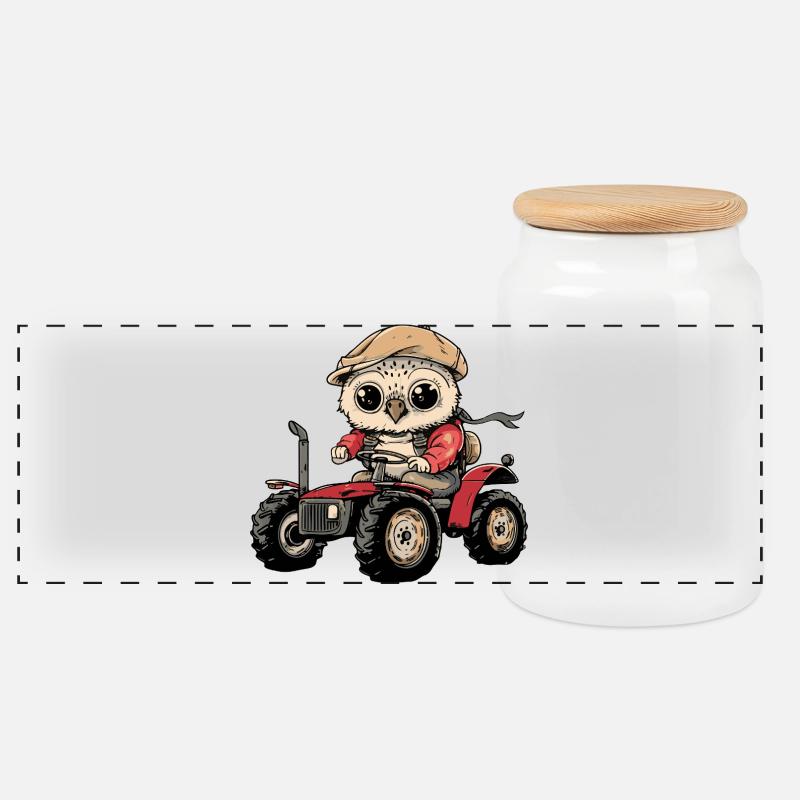 Eule Traktor Farmer - Panorama Keksdose mit Holzdeckel - Weiß