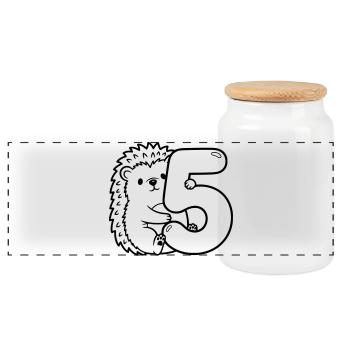 Igel mit Zahl 5 Cartoon Illustration - Panorama Keksdose mit Holzdeckel - Weiß - Vorne