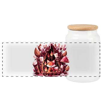 Fox in the mushroom forest fire - Panoramic Cookie Jar with Wooden Lid - white - Front
