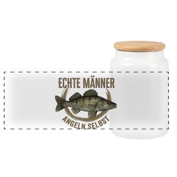 Echte Männer – Angeln  Selbs Zander - Panorama Keksdose mit Holzdeckel - Weiß - Vorne