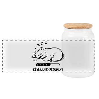 Black and White Sleeper Bear, Alarm Clock Charging - Panoramic Cookie Jar with Wooden Lid - white - Front