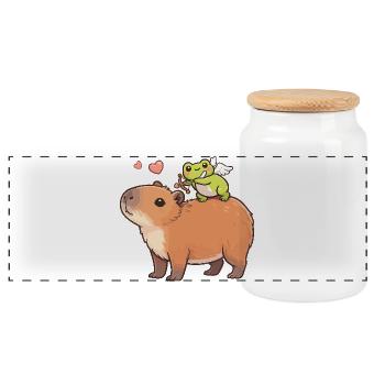 Capybara & Cupid Frog – Sweet Valentine's Motif - Panoramic Cookie Jar with Wooden Lid - white - Front