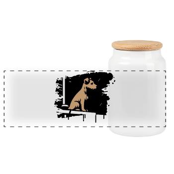 Hund im Regen auf Dach im stilisierten Comic Stil - Panorama Keksdose mit Holzdeckel - Weiß - Vorne