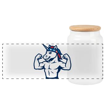 Patriotic Unicorn Gym Mascot Power Flex - Panoramic Cookie Jar with Wooden Lid - white - Front