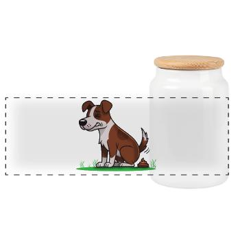 Chien assis avec des pets de dessin animé - Boîte à biscuits avec couvercle en bois - blanc - Devant
