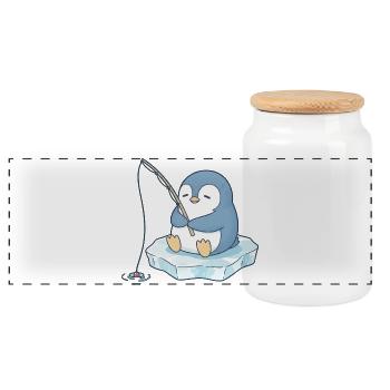 Cute Penguin Angler Cartoon Fishing Fishing - Panoramic Cookie Jar with Wooden Lid - white - Front