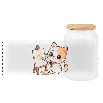Kawaii Painter Cat on Pastel Palette - Panoramic Cookie Jar with Wooden Lid - white - Front
