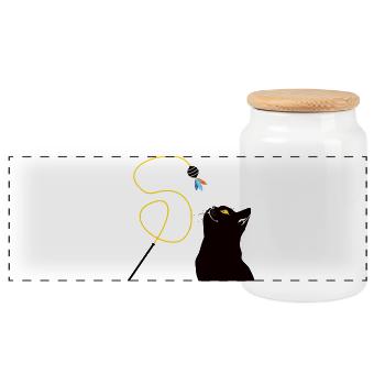 Chat avec canne à pêche jouet - Boîte à biscuits avec couvercle en bois - blanc - Devant