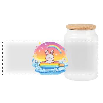 Kleines Bunny surft Regenbogenmeer - Panorama Keksdose mit Holzdeckel - Weiß - Vorne