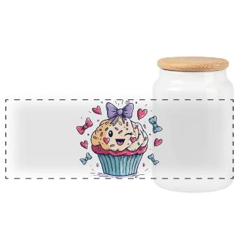Ruban cœur de cupcake Kawaii - Boîte à biscuits avec couvercle en bois - blanc - Devant