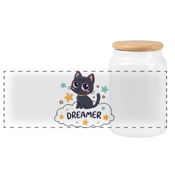Chat rêveur étoilé sur nuage - Boîte à biscuits avec couvercle en bois - blanc - Devant