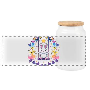 Cheerful bunny swing design - Panoramic Cookie Jar with Wooden Lid - white - Front