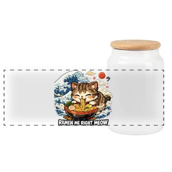 Kawaii Neko Ramen Cat Noodle Anime - Panoramic Cookie Jar with Wooden Lid - white - Front