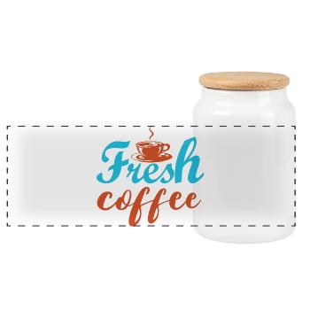 Frischer Kaffee – bunte Inschriften - Panorama Keksdose mit Holzdeckel - Weiß - Vorne
