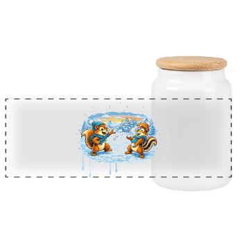 Funny snowball fight with chipmunks - Panoramic Cookie Jar with Wooden Lid - white - Front