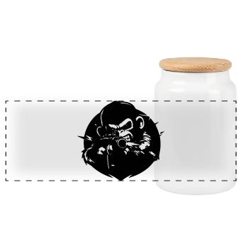 Monkey with Rifle - Panoramic Cookie Jar with Wooden Lid - white - Front