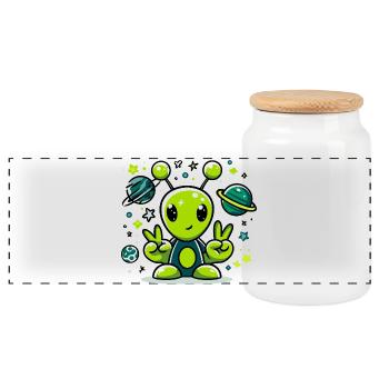 Green alien in space fun - Panoramic Cookie Jar with Wooden Lid - white - Front