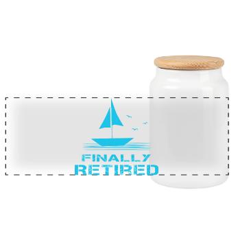 Finally Retirement Sailboat Pension Pension - Panoramic Cookie Jar with Wooden Lid - white - Front