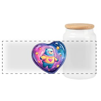 Heart Planet Bear in Spacesuit - Panoramic Cookie Jar with Wooden Lid - white - Front