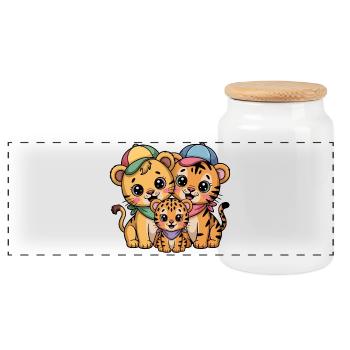 Cute Lion Tiger Leopard Friends - Panoramic Cookie Jar with Wooden Lid - white - Front