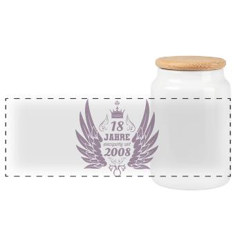Unique Vintage 2008 Angel Wings 18 Birth - Panoramic Cookie Jar with Wooden Lid - white - Front