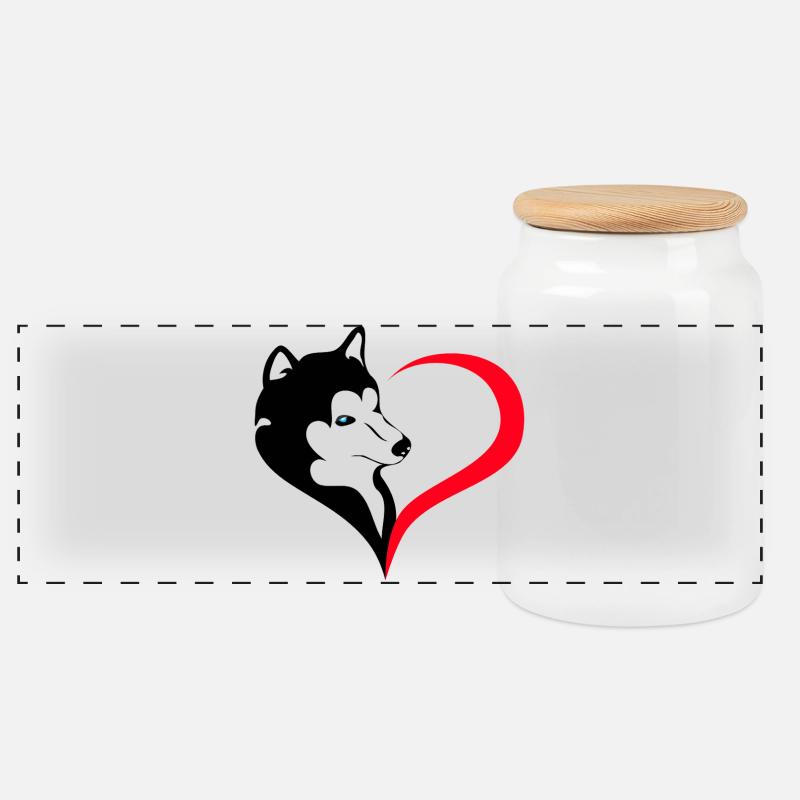 Husky avec silhouette en forme de cœur - Boîte à biscuits avec couvercle en bois - blanc