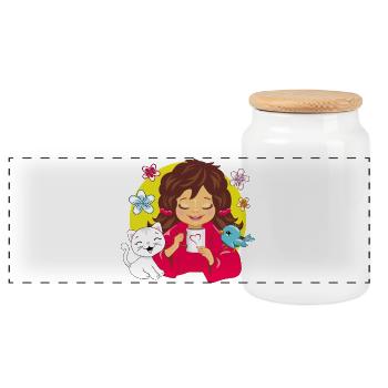 Smiling_girl_is_drinking_coffee_in_the_company - Panoramic Cookie Jar with Wooden Lid - white - Front