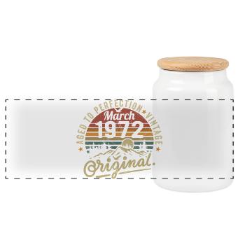 March 1972 - Panoramic Cookie Jar with Wooden Lid - white - Front