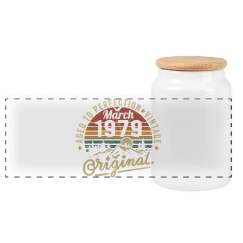 March 1979 - Panoramic Cookie Jar with Wooden Lid - white - Front