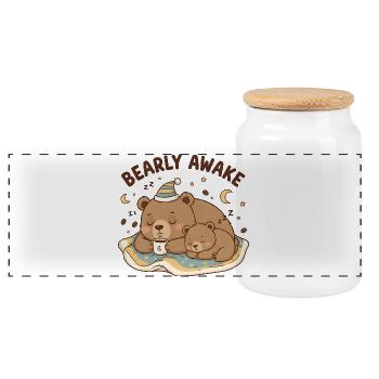 Design de tête endormie d’ours à café à peine réveillé - Boîte à biscuits avec couvercle en bois - blanc - Devant