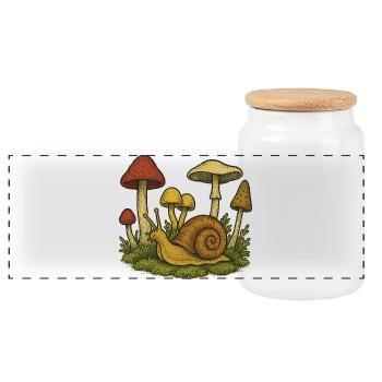 Whimsical Mushroom Snail Sketch - Panoramic Cookie Jar with Wooden Lid - white - Front
