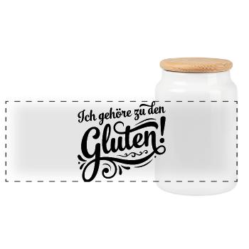 Ich gehöre zu den Gluten – Lustiges Wortspiel - Panorama Keksdose mit Holzdeckel - Weiß - Vorne