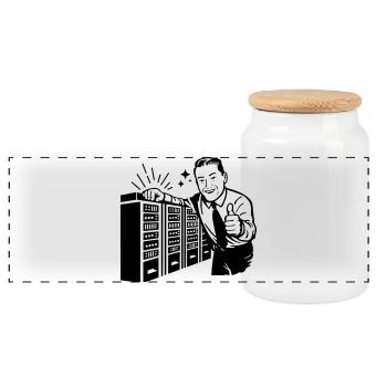 Retro IT-Admin lächelt – Vintage Tech Support - Panorama Keksdose mit Holzdeckel - Weiß - Vorne