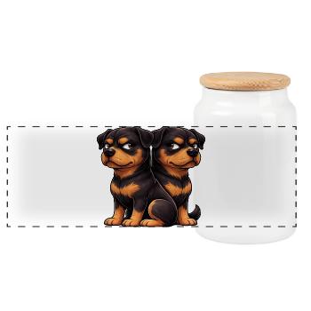 Cute Rottweiler Cartoon Friends Friendship - Panoramic Cookie Jar with Wooden Lid - white - Front