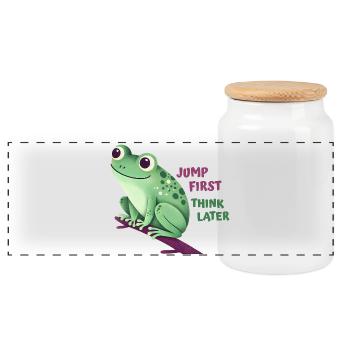 Frog with Quote - Panoramic Cookie Jar with Wooden Lid - white - Front
