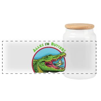 Alligator and bird: Everything is fine! - Panoramic Cookie Jar with Wooden Lid - white - Front