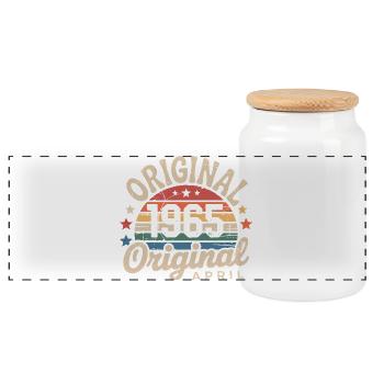 April 1965 Vintage Retro April Birthday Gift - Panoramic Cookie Jar with Wooden Lid - white - Front