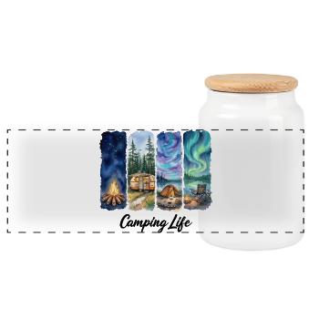 Camping Life Aquarell-Abenteuer mit Zeltbäumen - Panorama Keksdose mit Holzdeckel - Weiß - Vorne