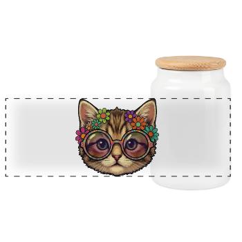 Hippie Kätzchen Katze - Panorama Keksdose mit Holzdeckel - Weiß - Vorne