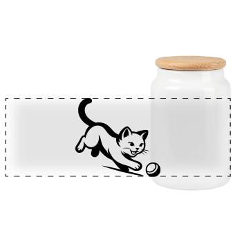 Cat - Panoramic Cookie Jar with Wooden Lid - white - Front
