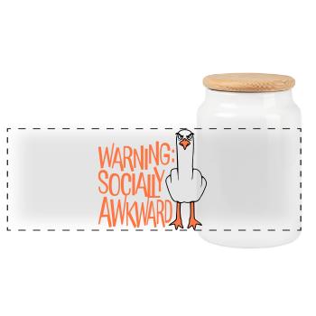 Warning Socially Awkward Seagull Middle Finger Naughty - Panoramic Cookie Jar with Wooden Lid - white - Front