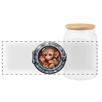 Baby monkey in metal hatch - Panoramic Cookie Jar with Wooden Lid - white - Front